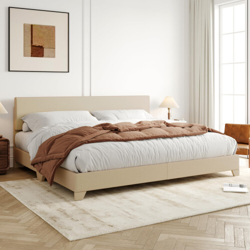 Allewie King Size Upholstered Bed Frame Adjustable Headboard, Beige 2