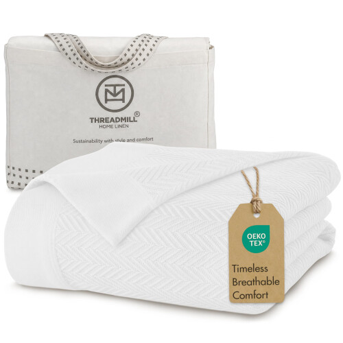 Threadmill Luxury 100% Cotton King Herringbone Blanket, Bright White