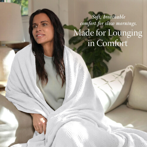 Threadmill Luxury 100% Cotton King Herringbone Blanket, Bright White 2