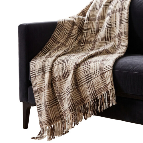 Homescapes Pure Handmade 100% Wool Textured Check Bed & Sofa Throw Blanket, Beige