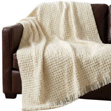 Pure Handmade 100% Wool Heavyweight Waffle Bed & Sofa Throw Blanket, Cream