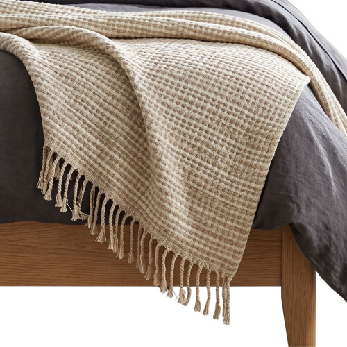 Homescapes Pure Handmade 100% Wool Textured Stripe Bed & Sofa Throw Blanket, Beige