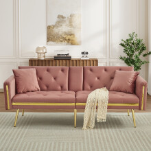 (Pink) Roomfitters 174cm Sofa Bed Recliner Couch Built in Cup Holders Gold Trim Metal Legs Fold Out Settee Sleeper Living Bedroom Furniture