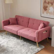 (Pink) Roomfitters 176cm Sofa Bed Recliner Couch Sherpa Side Pockets Gold Metal Legs Fold Out Settee Sleeper Living Guest Room Furniture Unit