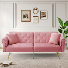 (Pink) Roomfitters 177cm Sofa Bed Split Backrest Couch 2 Pillows Gold Metal Legs Fold Out Settee Sleeper Living Guest Room Furniture Base