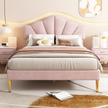 (Pink) Roomfitters 135x190cm Bed Frame Scalloped Shell Headboard Adjustable Height Gold Metal Legs Wooden Slats Bedroom Suites Furniture Units