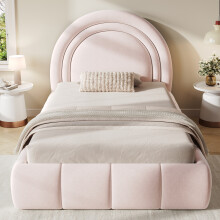 (Pink) Roomfitters 90x190cm Single Bed Frame Hydraulic Ottoman Storage Padded Arched Headboard Inset Base Slats Bedroom Furniture Units