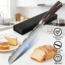 Broodmes, 25 cm, met getande blad van 7CR17 roestvrij staal, antislip houten handvat voor brood en pizza