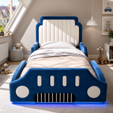 Roomfitters 90x190cm Single Bed Car Shaped Upholstered Frame Padded Safety Rails Smart App LED Lights Slats Bedroom Furniture Unit, Blue