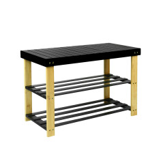 Bamboe schoenenrek met zitplaats, 3 niveaus, zwart en bruin, 70x42x27 cm