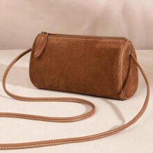 (Brown) Minimalist Matte PU Cylinder Crossbody Bag Vintage Round Bucket Purse for Women