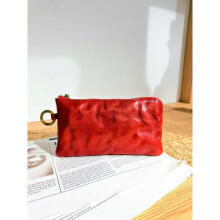 (Red) Genuine Leather Long Wallet Vintage Cowhide Zip Coin Purse Card Holder Soft Minimalist for Men Women