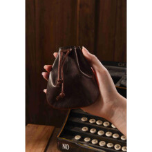 (Coffee) Genuine Leather Drawstring Coin Purse Vintage Cowhide Card Holder Key Pouch for Earphones & Small Accessories