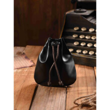 (Black) Genuine Leather Drawstring Coin Purse Vintage Cowhide Card Holder Key Pouch for Earphones & Small Accessories