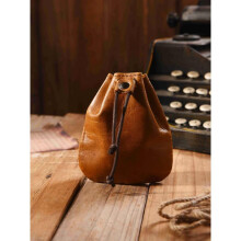 (Brown) Genuine Leather Drawstring Coin Purse Vintage Cowhide Card Holder Key Pouch for Earphones & Small Accessories
