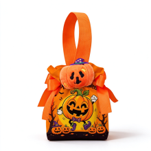 (Orange) Halloween Drawstring Treat Bag with Plush Charm, Pumpkin Bat Handheld Candy Pouch