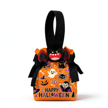 (Black) Halloween Drawstring Treat Bag with Plush Charm, Pumpkin Bat Handheld Candy Pouch