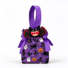 (Purple) Halloween Drawstring Treat Bag with Plush Charm, Pumpkin Bat Handheld Candy Pouch