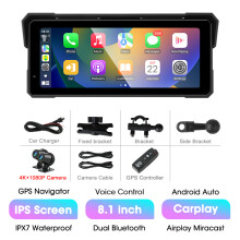 Jansite Motorrad-Display, 8.1 inch 4K+1080P DVR-GPS, Bluetooth, Carplay, Android Auto, Navigation, IP67 wasserdicht