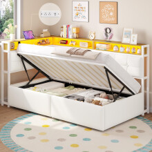 DICTAC Hydraulic Single Ottoman Bed Side Lift with Storage, LED Lights & USB Charging Ports | Upholstered Lift Up Bed Frame with Solid Wood Slats