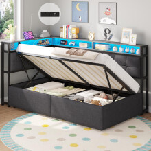 DICTAC Hydraulic Single Ottoman Bed Side Lift with Storage, LED Lights & USB Charging Ports | Upholstered Lift Up Bed Frame with Solid Wood Slats