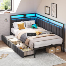 DICTAC Single Bed Frame with 2 Storage Drawers,Charging Station and Led Lights 3ft Single Daybed with Storage 90x190 Corner Platform Bed with