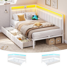 DICTAC Single Bed Frame with 2 Storage Drawers,Charging Station and Led Lights 3ft Single Daybed with Storage 90x190 Corner Platform Bed with