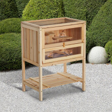 PawHut jaula de madera para hámster, 60x40x80 cm, color madera natural, con rampa, ventana y estante