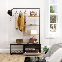 EUGAD Kleiderständer, freistehend mit 5 Regalen, 3 Haken, Schrank mit Tür, Schwarz + Helle Eiche, 110x37,5x160 cm