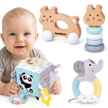 Coffret sensoriale per neonati - Mamabrum - MAM379 Scatola regalo - Da 9 mesi - 4 giocattoli - Auto in legno con manico a forma di coniglio