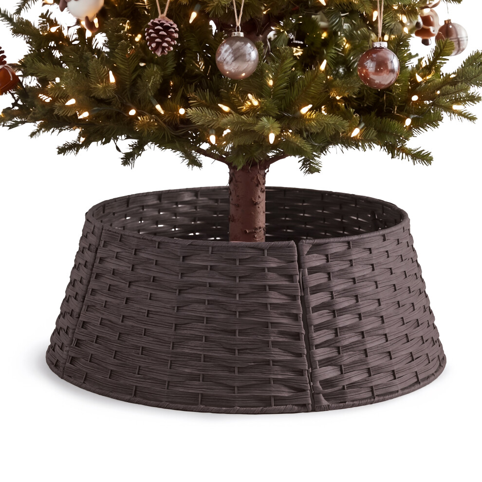 Geezy (Brown) Christmas Tree Skirts Plastic Woven Rattan Round Base Cover For Xmas Trees 26 In.