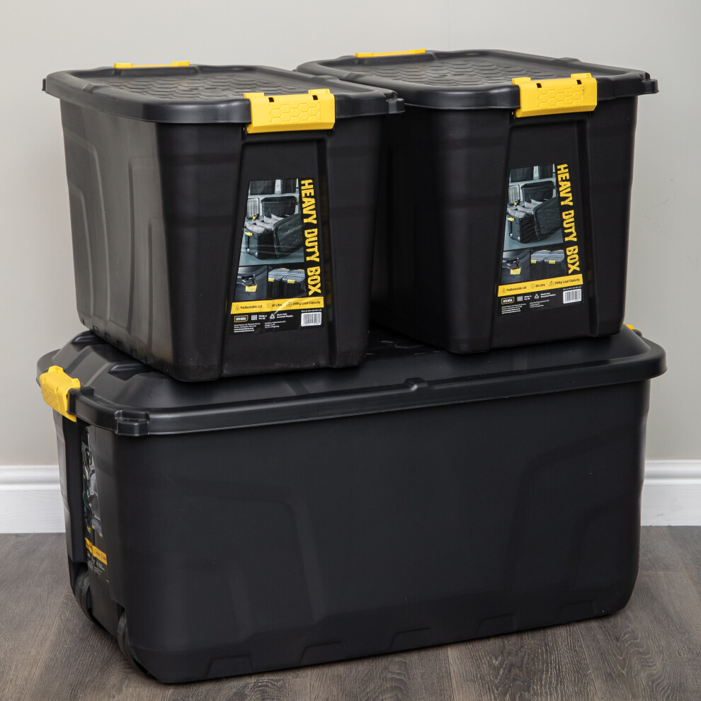 Strata 145L & 2 X 60L Heavy Duty Lockable Stackable Storage Trunks On Wheels In Black