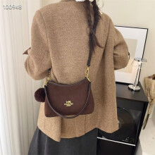 (Dark brown) Retro suede armpit tote bag for women with fur ball pendant
