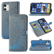 Leather wallet phone case for 6.1 inch phone flip cover card slots kickstand emboss mandala blue protective and everyday phone daily use