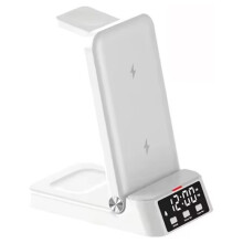 4-in-1 Schnelllade-Dockingstation mit Uhr und Handyhalterung für IOS- und für Android-Handys mit Unterstützung für Kabelloses Laden, Weiß
