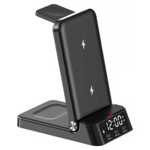 4-in-1 Schnelllade-Dockingstation mit Uhr und Handyhalterung für IOS- und für Android-Handys mit Unterstützung für Kabelloses Laden, Schwarz