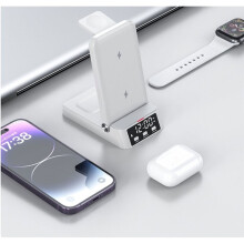 4-in-1 Schnelllade-Dockingstation mit Uhr und Handyhalterung für IOS- und für Android-Handys mit Unterstützung für Kabelloses Laden, Schwarz