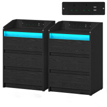 Bedside Tables Set of 2 with 3 Drawers, Charging Station and LED