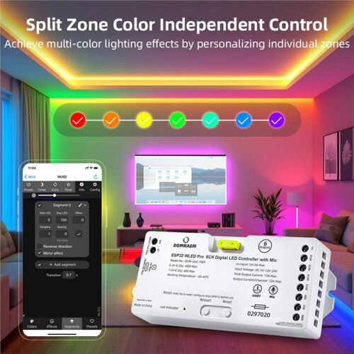 DOMRAEM ESP32 Pro 6-Kanal Digitaler WLED-Controller WLED Programmierbarer RGBIC Pixel-LED-Controller WS281X SK6812 1