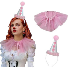 (Pink) Halloween Clown Costume Accessory Set, Pom‑Pom Clown Cone Headband Hat