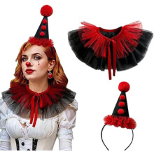 (Black) Halloween Clown Costume Accessory Set, Pom‑Pom Clown Cone Headband Hat