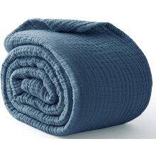 (127*177cm, Blue) 100% Cotton Muslin Blanket, 6 Layers Breathable&Lightweight Cotton Throw Blanket for Couch, Soft Cooling Summer Gauze Blanket