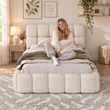 (3ft Single, Beige) Upholstered Bed Frame with Tufted Headboard & Slatted Base, Linen