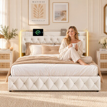 (4ft6 Double, Off White) Ottoman Bed with RGB LED, USB & Charging Station, Velvet