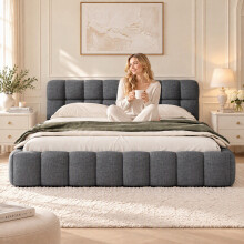 (4ft6 Double, Gray) Upholstered Bed Frame with Tufted Headboard & Slatted Base, Linen