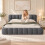 (4ft6 Double, Gray) Upholstered Bed Frame with Tufted Headboard & Slatted Base, Linen 1