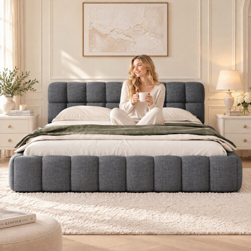 (4ft6 Double, Gray) Upholstered Bed Frame with Tufted Headboard & Slatted Base, Linen