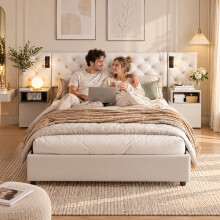 (5ft King, Off White) Ottoman Bed with Side Tables, USB & Bedside Lamps, Velvet
