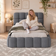 (3ft Single, Gray) Upholstered Bed Frame with Tufted Headboard & Slatted Base, Linen
