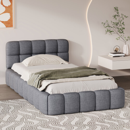(3ft Single, Gray) Upholstered Bed Frame with Tufted Headboard & Slatted Base, Linen 1